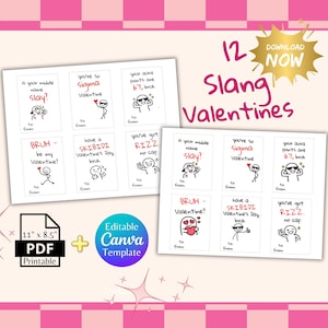 Gen Alpha Slang Valentines | Funny Printable Cards (Set of 12, Editable Canva, PDF Download)