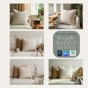 May include: A collection of throw pillow mockups in various settings. The pillows are in neutral tones, with a soft, inviting texture. The image includes text that reads "throw pillow MOCKUP BUNDLE" and mentions compatibility with Photoshop, Canva, and Photopea.