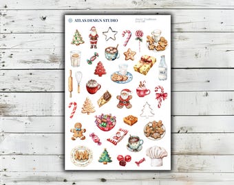 May include: A sticker sheet titled ATLAS DESIGN STUDIO Sweet Traditions featuring watercolor illustrations of Christmas-themed items including gingerbread people, Santa Claus, candy canes, hot cocoa mugs, cookies, gift boxes, and a chef hat.