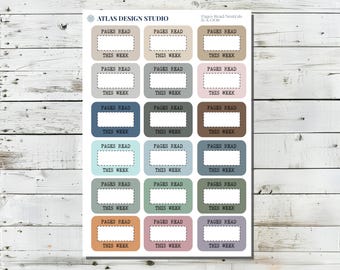 May include: A sheet of planner stickers with rectangular boxes in various colors, each labeled "PAGES READ" and "THIS WEEK." The stickers are designed by Atlas Design Studio and are in neutral tones.