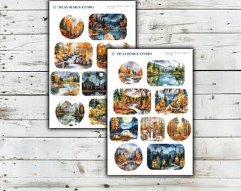 Könnte beinhalten: Zwei Aufkleberbögen mit der Aufschrift ATLAS DESIGN STUDIO mit verschiedenen Aquarellillustrationen von Herbstlandschaften, darunter Wälder, Berge, Flüsse, Seen und Campingszenen in Orange-, Gelb-, Braun- und tiefen Blautönen.