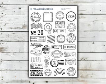Könnte beinhalten: Eine Sammlung von Briefmarkenmotiven in schwarzer Tinte auf weißem Hintergrund, mit verschiedenen runden und rechteckigen Poststempeln, wellenförmigen Entwertungslinien, Flugzeugillustrationen, Globussymbolen und Texten wie London, Air Mail und No 20.