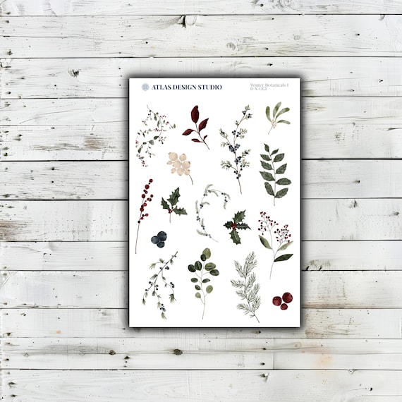 Winter Botanicals Sticker Sheet, Watercolor Greenery, Floral Deco, Pine Berry Branches for Journals & Planners
