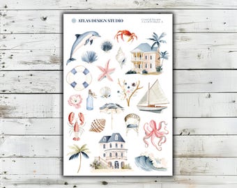 Coastal Escape Sticker Bogen | Themen Aufkleber für Journal, Planer oder Scrapbook