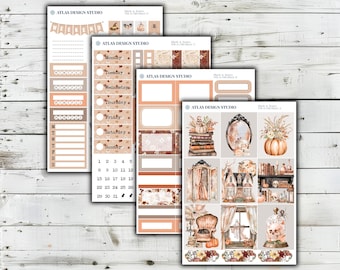 Könnte beinhalten: Vier Bögen mit Planer-Aufklebern von Atlas Design Studio im Herbst-Design. Die Bögen enthalten Etiketten für die Wochentage, einen Monatskalender, leere rechteckige Felder sowie dekorative Illustrationen von Kürbissen, Büchern und Totenköpfen.