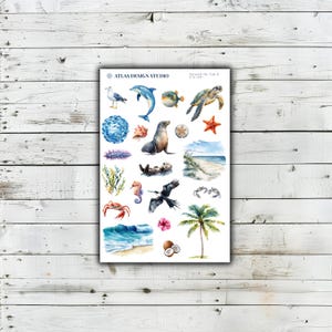 May include: A sticker sheet titled ATLAS DESIGN STUDIO Beneath the Tide II featuring watercolour illustrations of marine life including a dolphin, sea turtle, seal, otter, seagull, crab, seahorse, starfish, palm tree, and a beach landscape scene.