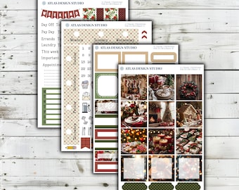 Könnte beinhalten: Vier Bögen mit Planer-Aufklebern im Weihnachtsthema. Die Bögen enthalten Checklisten, Kalenderdaten, Symbole und dekorative Boxen mit festlichen Motiven wie Lebkuchenhäusern, Kränzen, Strümpfen und Lichterketten, alle beschriftet mit Atlas Design Studio.