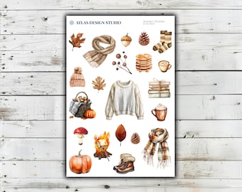 Herbstdeko-Stickerbogen | Stickerbogen „Pulloverwetter“, „Lagerfeuer-Leserwurm-Kaffee“ für Tagebücher und Planer