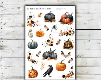 Könnte beinhalten: Ein Aufkleberbogen mit dem Titel ATLAS DESIGN STUDIO Haunted Harvest D-X-06 mit Aquarellillustrationen von schwarzen und orangefarbenen Kürbissen, einer Skeletthand, einer Spinne, einer Fledermaus, einem Raben und Bonbons auf weißem Hintergrund.