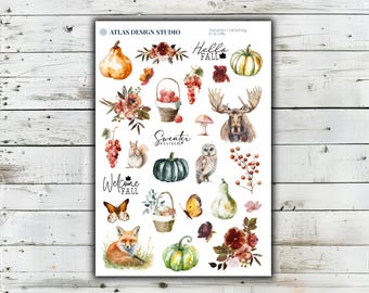 May include: A sticker sheet featuring watercolor illustrations of autumn themes including pumpkins, a moose, an owl, a fox, a squirrel, butterflies, floral arrangements, baskets of apples, grapes, and text reading Hello Fall, Sweater Weather, and Welcome Fall.