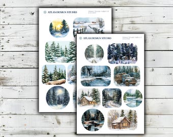 Winter Woods Stickers, Watercolor Snowy Forest Scenery, Cabin River Landscape, Nature Art Deco Sheet Set for Journaling