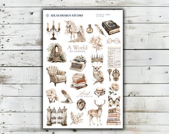 Könnte beinhalten: Ein Aufkleberbogen mit dem Titel Atlas Design Studio A World of Stories mit Illustrationen von Einhorn, Eule, Hirsch, Fuchs, Schreibmaschine, Büchern, Sessel, Kandelaber, Krone, Schmetterling, Schlüsseln, Brille und einem Steinbogen.