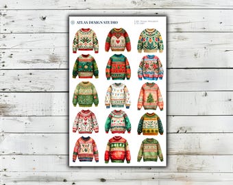 Könnte beinhalten: Ein Aufkleberbogen mit dem Titel ATLAS DESIGN STUDIO Ugly Xmas Sweaters DX-049, der fünfzehn einzelne Illustrationen von langärmeligen Pullovern zeigt. Jeder Pullover hat ein einzigartiges weihnachtliches Muster in Farben wie Rot, Grün und Weiß.