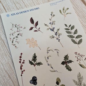 Klistermärkesark med vinterväxter, akvarellgrönt, blomdekor, tallbärsgrenar för dagböcker och planerare bild 2