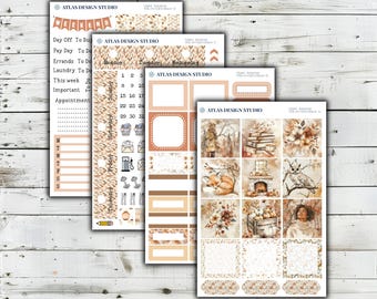 Könnte beinhalten: Vier Bögen mit Planer-Aufklebern im Herbst-Design in warmen Braun-, Beige- und Cremetönen. Die Motive umfassen Illustrationen von einem Fuchs, einer Eule, Kürbissen, Büchern und Blumenmustern sowie funktionale Checklisten und Kalenderraster.