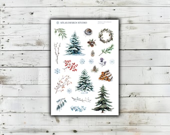 Winter Woodland Sticker Sheet | Winter Theme Botanicals | Stickers for Journals, Planners & Scrapbooks
