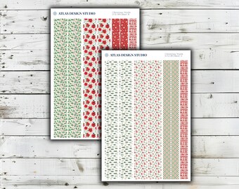Christmas Washi Style Stickers, Watercolor Poinsettia Plaid Border, Holiday Planner Strips Set, Red Green Snowflake Deco for Journaling
