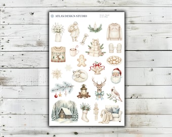 Könnte beinhalten: Ein Stickerbogen mit Aquarellillustrationen zu weihnachtlichen Themen, darunter ein Weihnachtsmann, ein Rentier, ein Lebkuchenmann, eine Hütte im Schnee, ein gemütlicher Sessel, eine Laterne, verpackte Geschenke, ein Pullover und Fäustlinge.