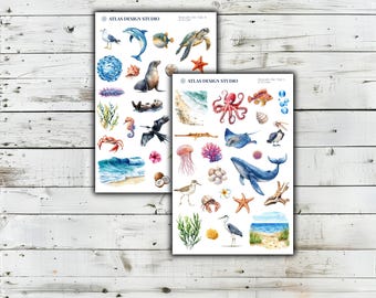 Ocean Sea-life Beach Themed Deco Sticker Bogen, 2er-Set, unter der Flut für Journals, Planer und Scrapbooks