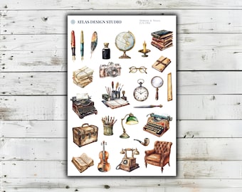 Vintage-Aufkleberbogen für Arbeitszimmer und Homeoffice | Vintage-Schreibtischdeko-Aufkleber | Junk-Journal-Planer-Deko