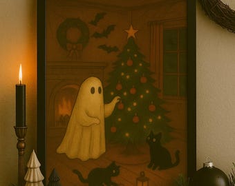May include: A framed illustration depicts a ghost decorating a Christmas tree with black cats. The artwork features a fireplace, bats, and a wreath. A lit candle and decorative trees sit on the mantel.