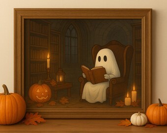 Lámina artística de fantasmas de biblioteca embrujada: Halloween espeluznante de estilo cottagecore (descarga digital)