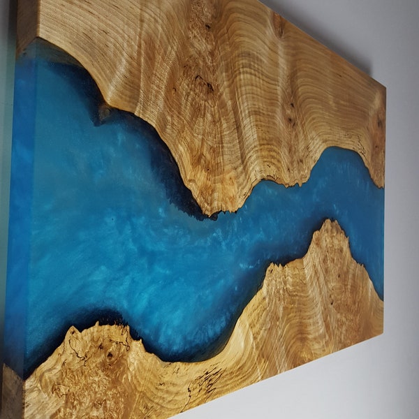 Live Edge Figured Maple Burl River Wall Art Piece made with an Epoxy River