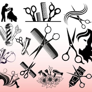 May include: A collection of black and white barber and hairstylist icons. The image includes scissors, combs, hair clippers, a barber pole, and silhouettes of people getting haircuts. The background is a gradient of pink and white.