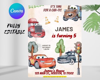 Invitación de cumpleaños de Cars / Invitación de Rayo McQueen, Invitación de cumpleaños infantil / Invitación digital editable, personalizada e imprimible en Canva