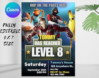 Invitación de cumpleaños de Fort Game, invitación para fiesta gamer, invitación para noche de Fort, invitación editable para gamer, plantilla gamer, Canva gamer