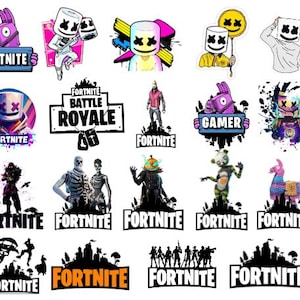 May include: A collection of colorful Fortnite-themed stickers. The designs include characters like Marshmello, llamas, and various game-related graphics. Each sticker features the word "Fortnite" in bold lettering, with a variety of vibrant colors and styles.