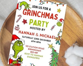 Puede incluir: Una tarjeta de invitación blanca con el texto "GRINCHMAS PARTY" en rojo y verde. La tarjeta presenta ilustraciones del Grinch, un árbol de Navidad y otros elementos festivos. La invitación está organizada por Hannah & Michael.
