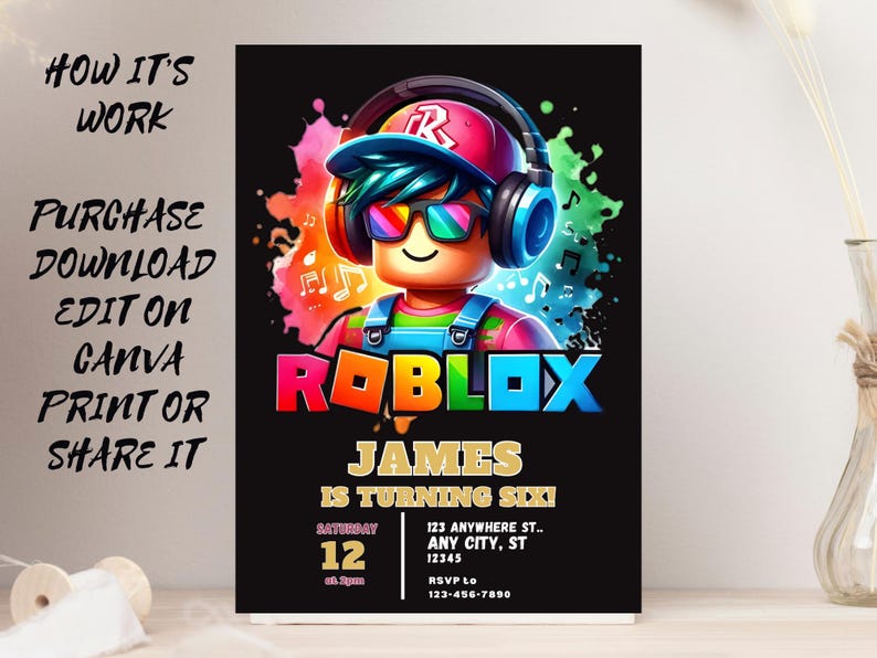 May include: A black invitation card featuring a Roblox character wearing headphones and sunglasses, with the Roblox logo in vibrant colors. The text reads "James is turning six!" and includes party details.