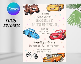 Cars Birthday Invitation | Lightning McQueen Invitation, Kids Birthday Invitation | Editable Personalized Canva Printable Digital Invitation