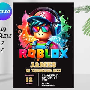 May include: A black invitation card featuring a Roblox character wearing headphones and sunglasses. The card includes the text "ROBLOX", "JAMES IS TURNING SIX!", and event details. The size is 5x7 inches.