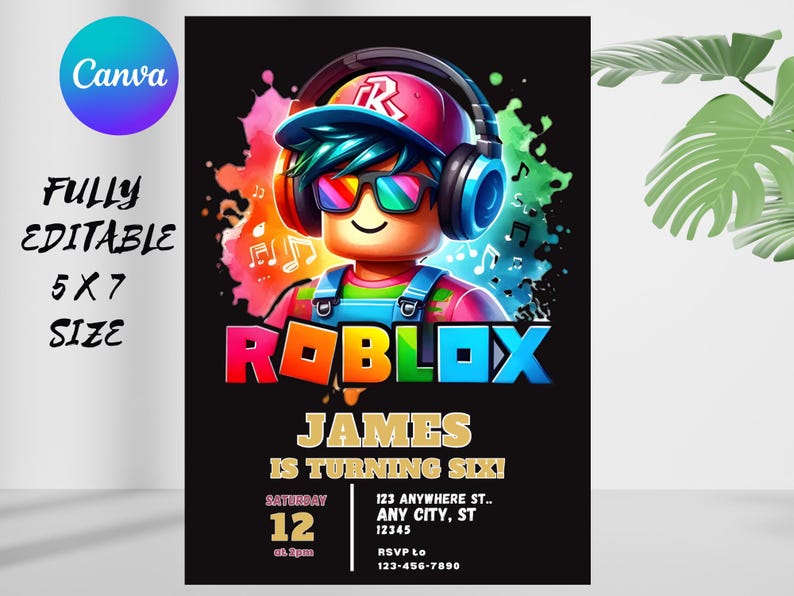 May include: A black invitation card featuring a Roblox character wearing headphones and sunglasses. The card includes the text "ROBLOX", "JAMES IS TURNING SIX!", and event details. The size is 5x7 inches.