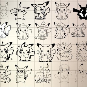 Könnte beinhalten: Ein Raster von schwarz-weißen Pikachu-Illustrationen in verschiedenen Posen. Einige Pikachus tragen Hüte, halten Geschenke oder haben Noten. Einer ist eine Silhouette, und ein anderer hat eine Sonnenbrille. Das Wort "Pokemon" ist ebenfalls vorhanden.