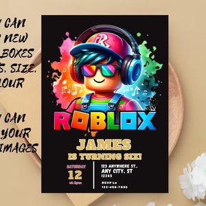 May include: A black Roblox birthday invitation featuring a cartoon character wearing headphones and sunglasses. The invitation includes the name "James" and the text "Is Turning Six!" with event details. The background has colorful musical notes.