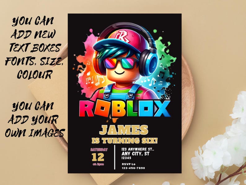 May include: A black Roblox birthday invitation featuring a cartoon character wearing headphones and sunglasses. The invitation includes the name "James" and the text "Is Turning Six!" with event details. The background has colorful musical notes.