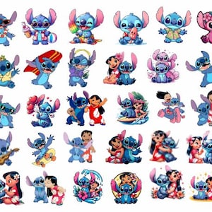 May include: A collection of colorful cartoon character stickers featuring the blue alien Stitch from the Disney movie Lilo & Stitch. The stickers depict Stitch in various poses, including wearing sunglasses, holding a surfboard, and playing a ukulele.
