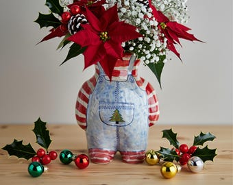 Hand-Painted Ceramic Christmas Vase | Festive Overalls Design Flower Pot | Cosy Winter Decor Gift