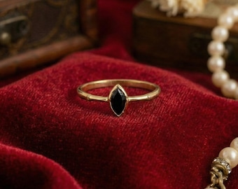 Gold Marquise Black Obsidian Ring, Dainty Stacking Ring