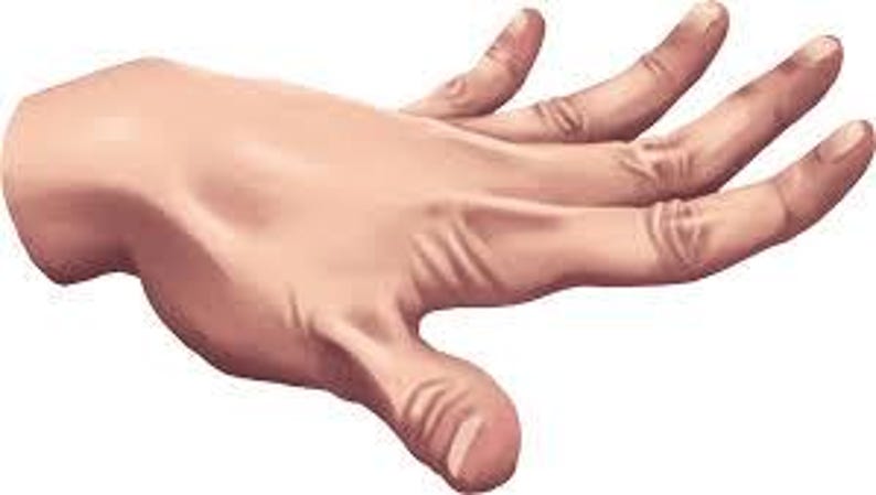 May include: Illustration of a right hand with a light skin tone, fingers slightly curved and spread apart. The hand is in a relaxed position, with visible details of the skin texture and subtle shading.