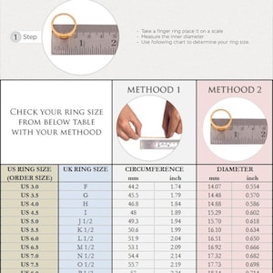 May include: Ring sizing guide with two methods: wrapping thread around a finger or measuring an existing ring's diameter. Includes a chart converting US ring sizes to UK sizes and measurements in inches and millimeters.