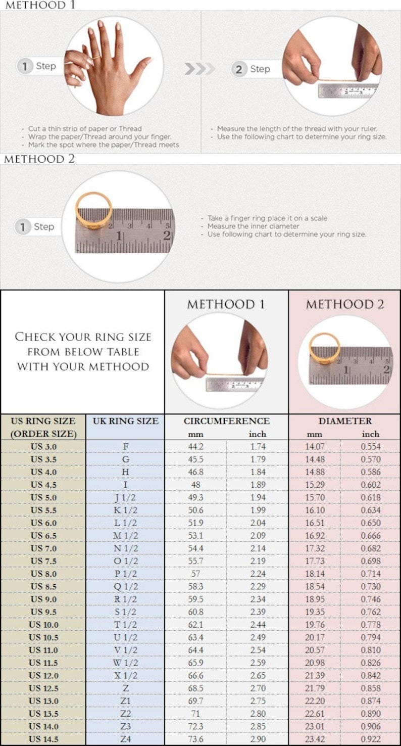 May include: Ring sizing guide with two methods: wrapping thread around a finger or measuring an existing ring's diameter. Includes a chart converting US ring sizes to UK sizes and measurements in inches and millimeters.