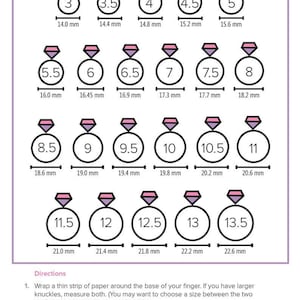 May include: Ring size guide showing ring sizes from 3 to 13.5, with corresponding measurements in millimetres. Includes instructions for measuring finger size using paper and a ruler to find the correct ring size.