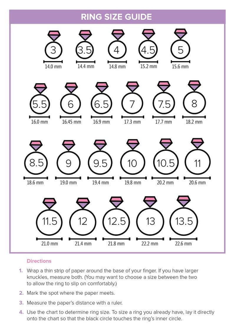 May include: Ring size guide showing ring sizes from 3 to 13.5, with corresponding measurements in millimetres. Includes instructions for measuring finger size using paper and a ruler to find the correct ring size.