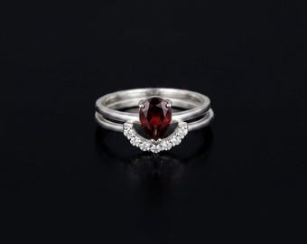 Vintage Garnet Ring Set, Pear Shaped January Birthstone Ring, Sterling Silver Teardrop Red Gemstone Jewelry, Dainty Nesting Band for Her