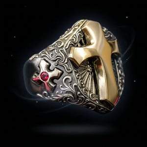 Vintage Men's Templar Cross Ring, Gold & Silver Two Tone Gothic Knight Ring, Christian Statement Jewelry, Ruby Stone Religious Gift for Him