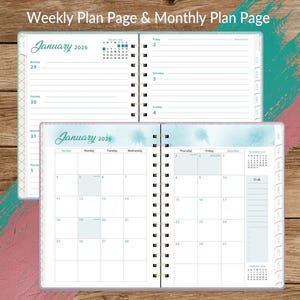 May include: Open planner showing weekly and monthly pages for January 2026. The top page displays a weekly layout with dates, while the bottom page presents a monthly calendar view. The planner has a spiral binding and a teal and white color scheme.